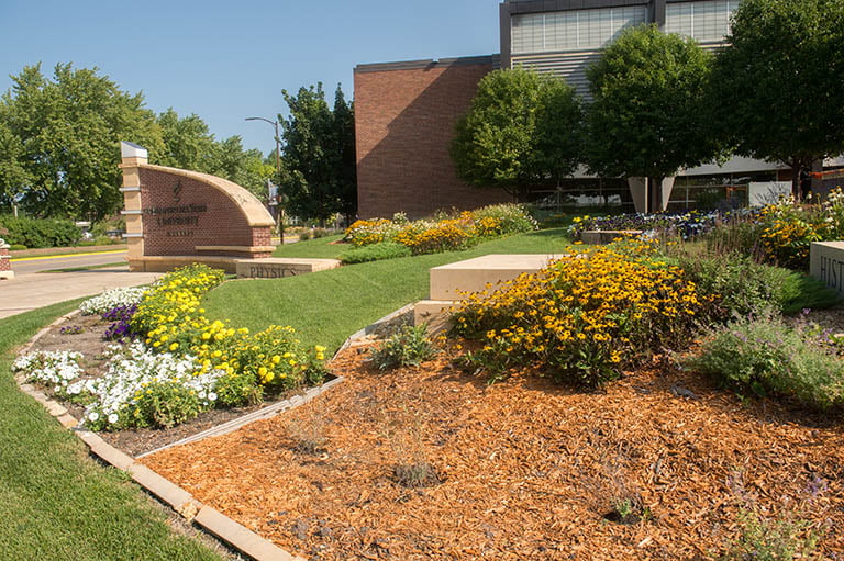 Landscaping in front of the Minnesota State University, Mankato Sign