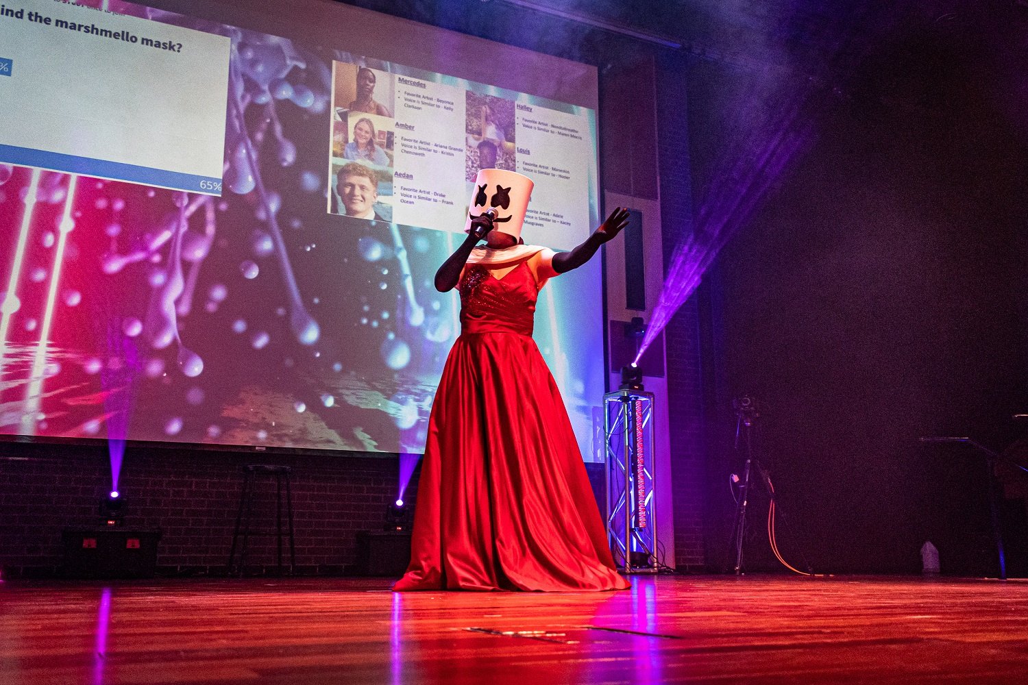 a person wearing a red dress and a paper mask on her head