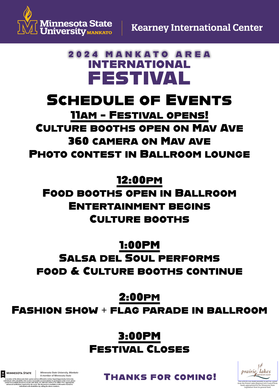 Poster image of the 2024 Mankato Area International Festival schedule of events