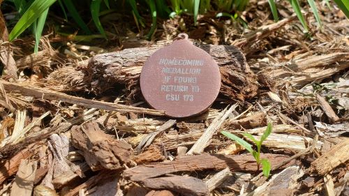 A homecoming medallion laying on the ground for a clue to the medallion hunt