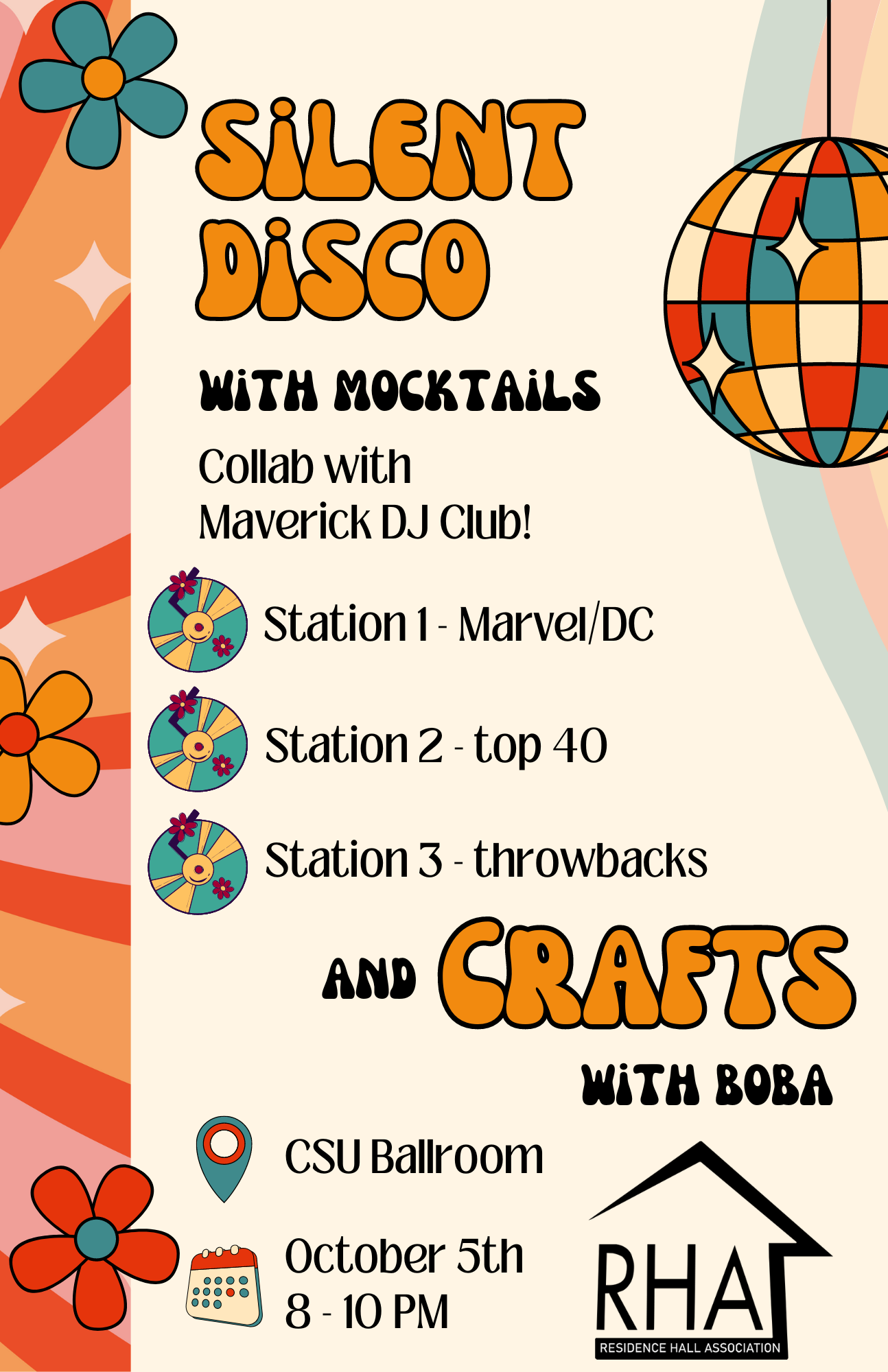 a poster with text and pictures of disco balls and flowers