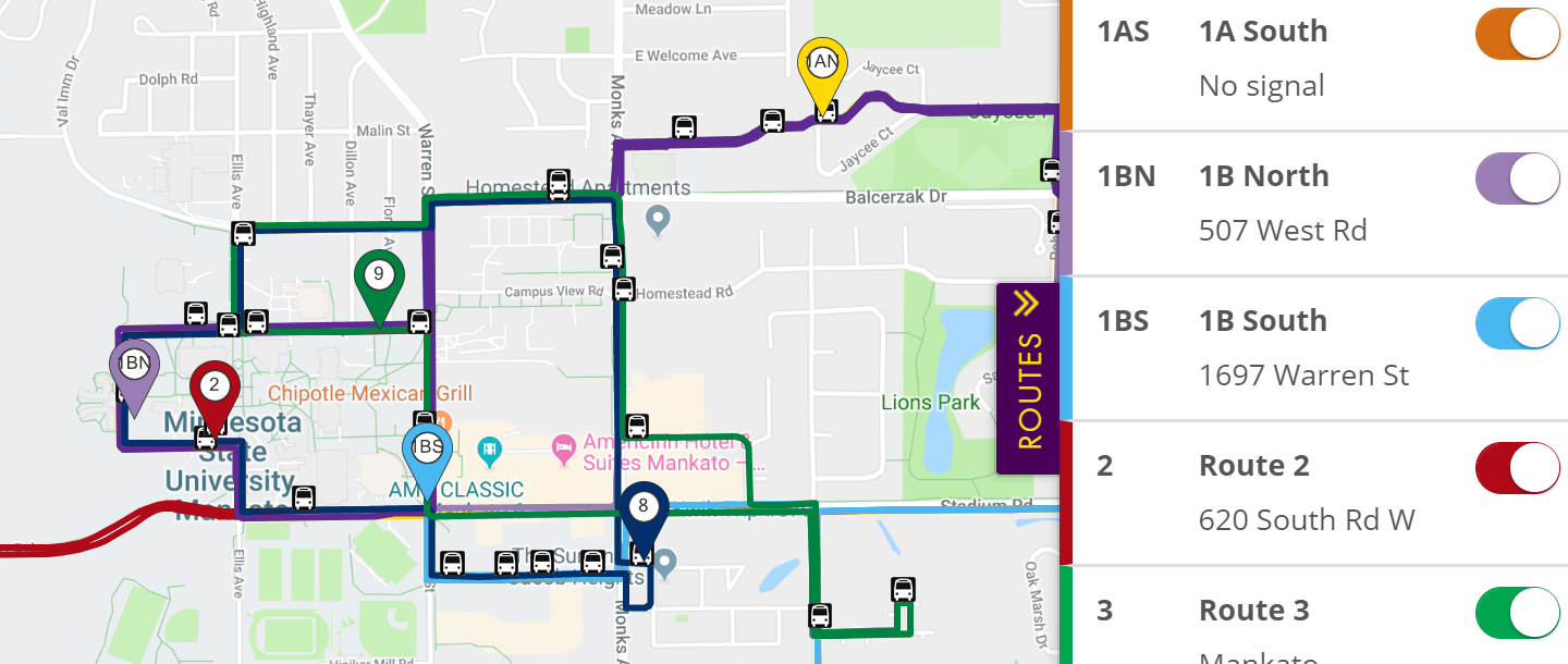 Screenshot image showing the bus locator map of the Mankato bus routes