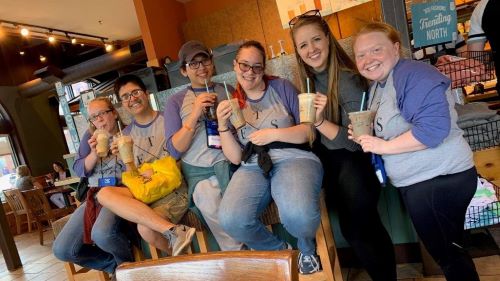 ETS students drinking iced coffee at Caribou