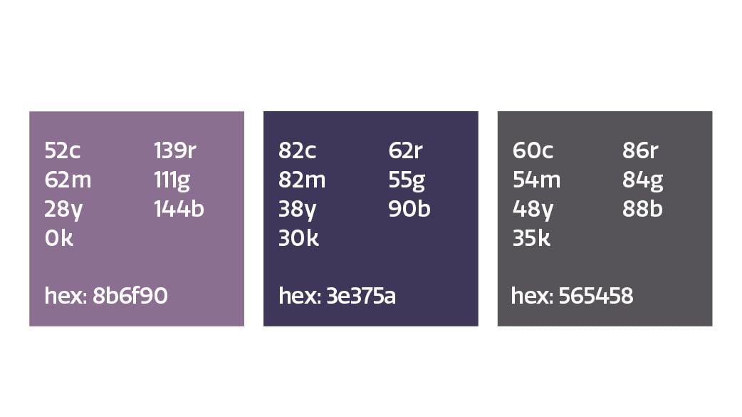 secondary MSU color swatches hex 8b6f90 hex 3e375a, hex 565458