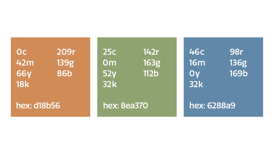 secondary color swatches hex d18b56, hex 8ea370, hex 6288a9