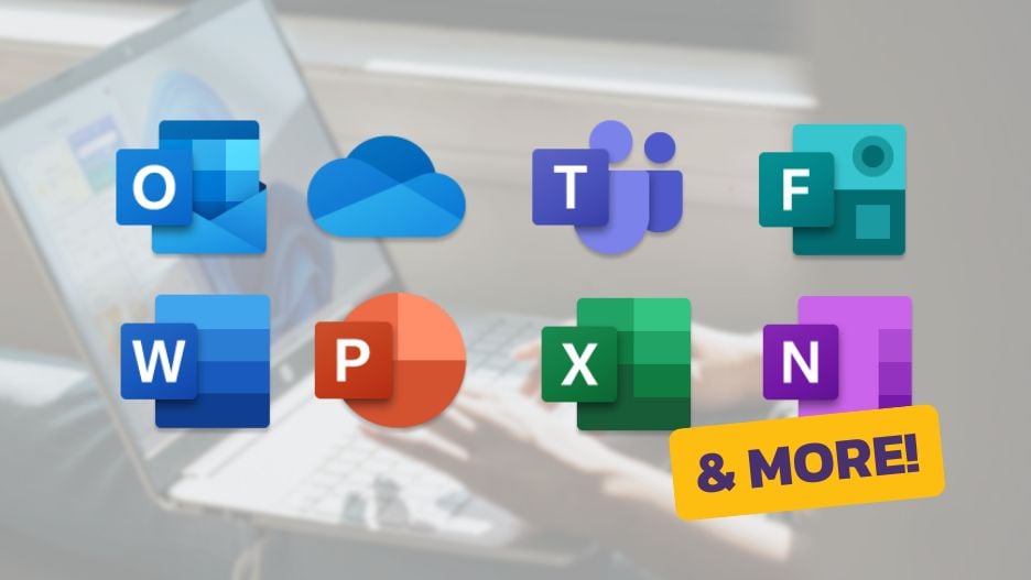 A person typing on a laptop in the background. Various Microsoft 365 app icons including Outlook, OneDrive, Teams, Forms, OneNote, Word, PowerPoint, and Excel