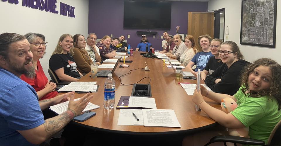 A room full of actors that participate in the Fountaineers Radio Drama Troupe