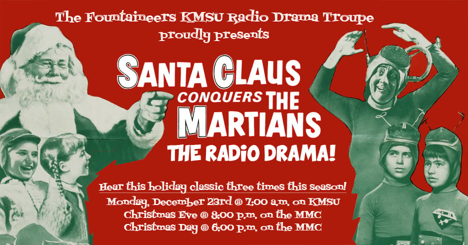 Santa Claus, two children and three aliens surround the words Santa Claus Conquers the Martians