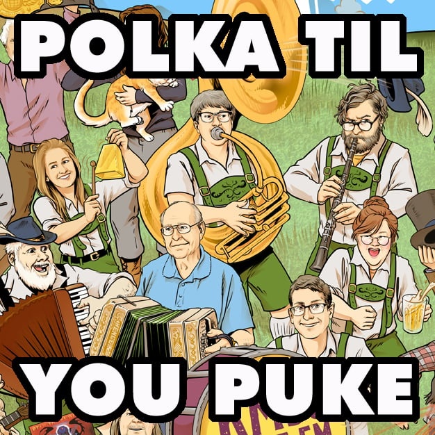 Polka Katie, Shelley Pierce, Shyboy Tim, Professional Polka Fan Maude, Ambrose Kodet, and Dwayne Megaw playing polka