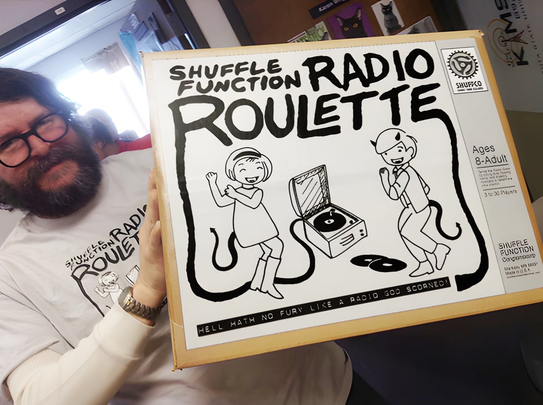 Shyboy Tim holding the Radio Roulette Home Game