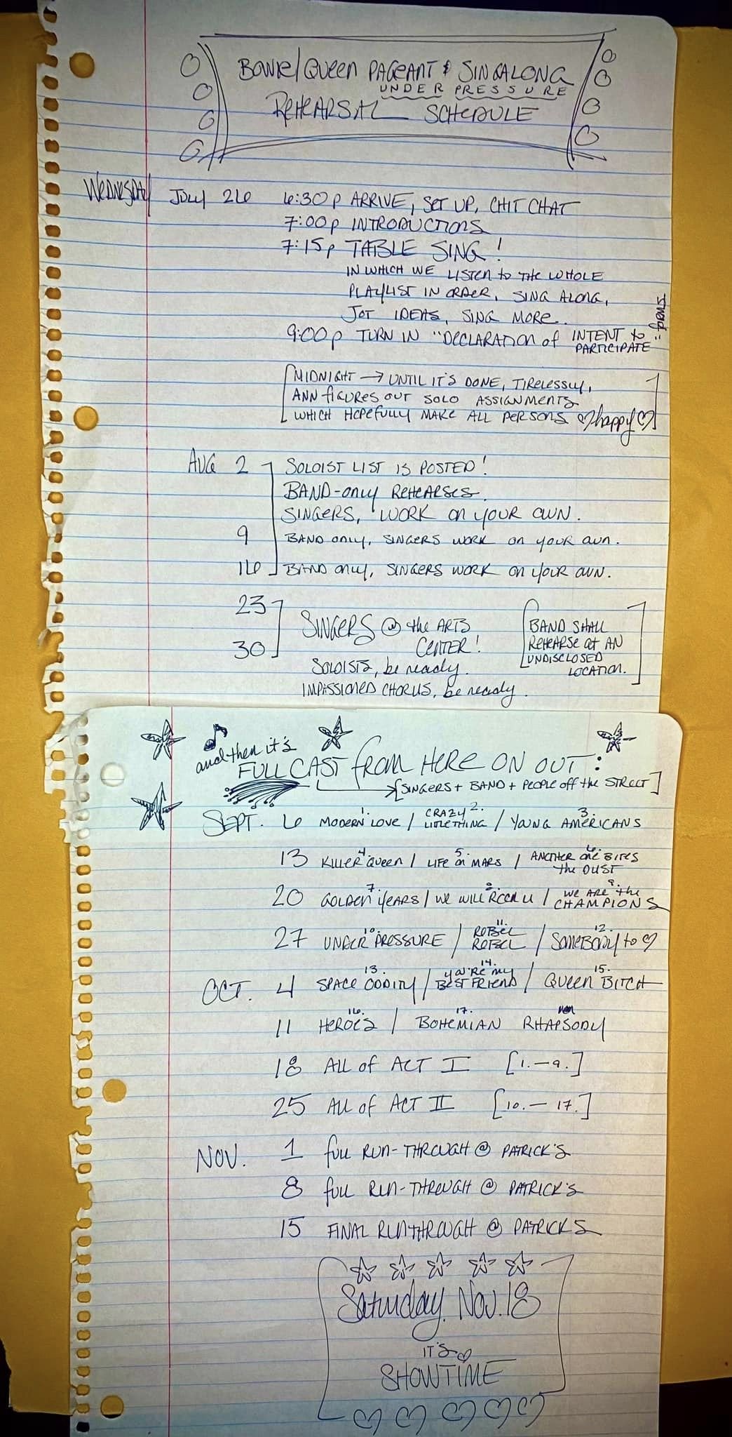 Handwritten instructions and timeline for Pageant & Singalong 2023