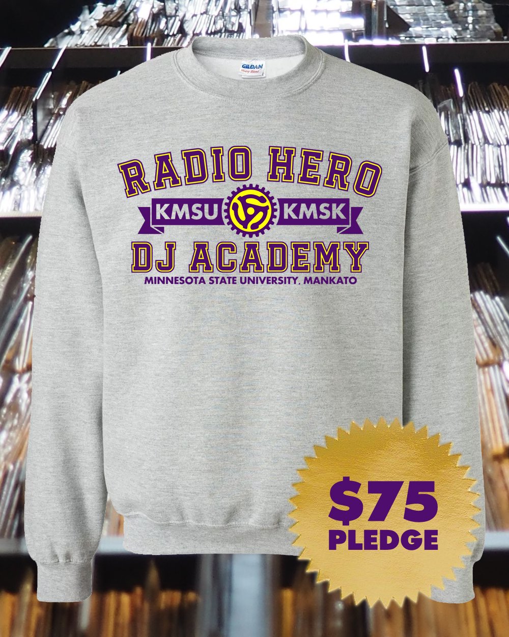 Grey KMSU sweatshirt with Radio Hero DJ Academy Logo on it