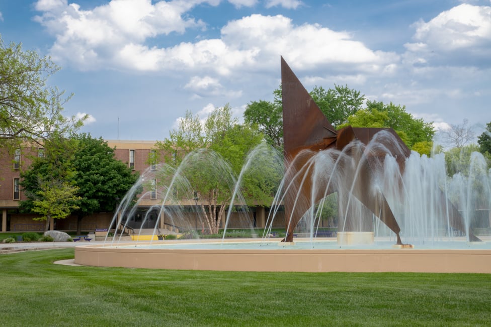 MSU Fountain running in the summer.