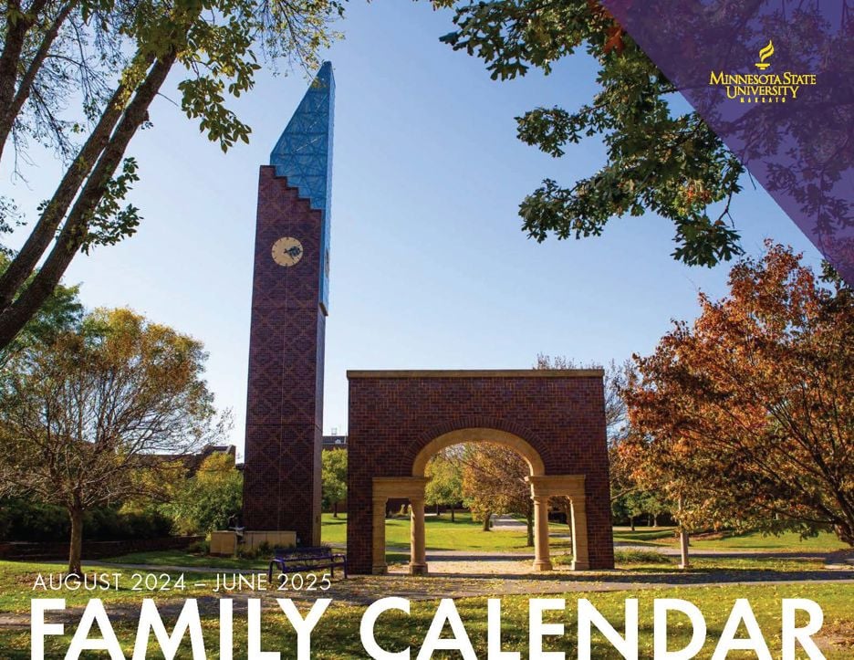 The August 2024 to June 2025 family calendar cover with photo of the Alumni Arch and Bell Tower