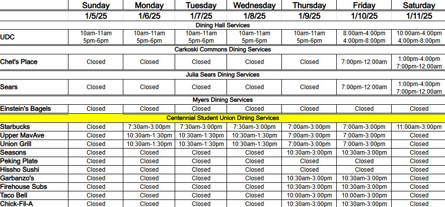 JAN 5-11 Dining Schedule