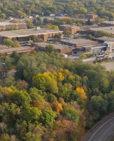 aerial view of a city with trees and buildings